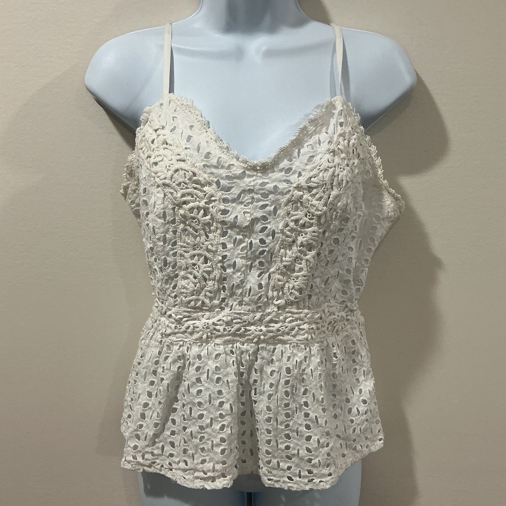 Fairy White Eyelet Smocked Camisole  Crop Boho Chic Women Size Large Eyelet Lace